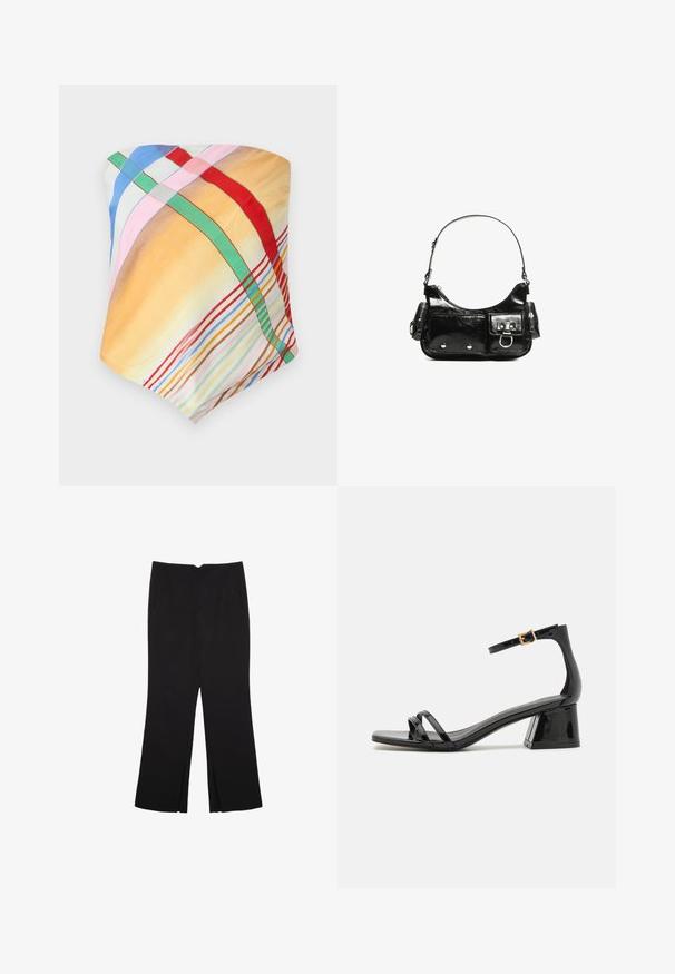 Monivärinen huivi, jossa on ruudullisia kuvioita keltaisessa, sinisessä, vaaleanpunaisessa, punaisessa ja vihreässä. Valmistettu kevyestä, sileästä kankaasta, jossa on pehmeä tekstuuri.; Mustat housut suoralinjaisella leikkauksella, joissa on etutaskut ja sivurei'ät helman alla. Valmistettu pehmeästä ja sileästä kankaasta. Sopii eri tilaisuuksiin.; Musta patentti nahkainen sandaali, jossa on kolme kapeaa hihnaa ja nelikulmainen varvas, joissa on paksu korko ja säädettävä nilkkahihna kultaisella soljella.; Mustekko mustasta kiiltonahasta valmistettu käsilaukku, jossa on kaareva muoto, yksi olkahihna, etutaskut ja hopeanväriset yksityiskohdat.