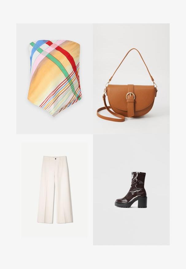 Mehrkleurige sjaal met geruite patronen in geel, blauw, roze, rood en groen. Gemaakt van lichtgewicht, gladde stof met een zachte textuur.; Crème brede broek met een tailored ontwerp, voorzien van twee voorzakken en een enkele sluiting met een knop aan de voorkant, gemaakt van een gladde stof.; Glanzende bordeauxrode enkelboot met een chunky zwarte hak, met een gladde textuur en een eenvoudig ontwerp. Geen zichtbare sluitingen of patronen.; Bruine leren schoudertas met een gebogen vorm, gouden hardware en een gespaccent. Bevat een afneembare schouderriem.