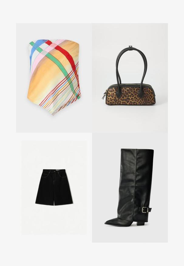 Écharpe multicolore avec des motifs à carreaux en jaune, bleu, rose, rouge et vert. Confectionnée en tissu léger et lisse avec une texture douce.; Shorts en denim noir à coupe ample, dotés de cinq poches, d'un accent de coutures jaunes et d'une taille mi-haute.; Bottes noires en cuir longueur cheville avec un bout pointu, texture lisse et une accent en boucle argentée sur le côté. Talon carré épais.; Sac à main en imprimé léopard avec une base en simili cuir noir, deux poignées supérieures, une fermeture éclair dorée et des onglets en simili cuir noir accentués. Forme rectangulaire.