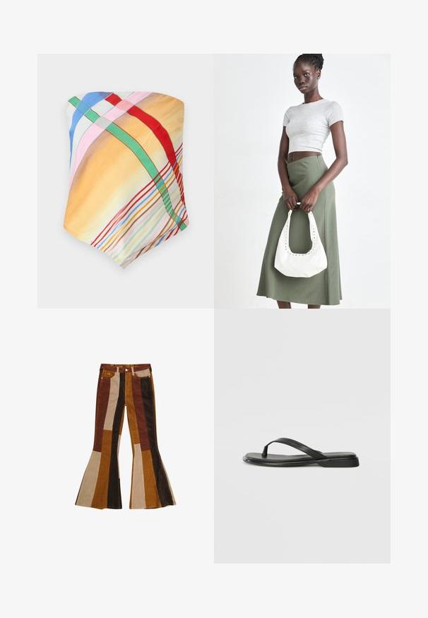 Écharpe multicolore avec des motifs à carreaux en jaune, bleu, rose, rouge et vert. Confectionnée en tissu léger et lisse avec une texture douce.; Pantalons en velours côtelé évasés avec des rayures verticales dans des tons de marron, de beige et de moutarde. Design distinctif avec une taille haute et cinq poches.; Tongs noires en cuir lisse, avec un design de sangle fine et une semelle plate à profil minimal. Aucun motif ou accent notables.; Top court rayé gris et jupe taille haute verte olive. Le mannequin tient un sac à bandoulière blanc avec des découpes. Design simple, silhouette ajustée.