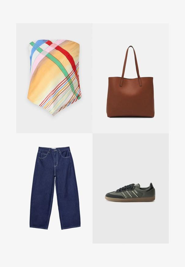 Mønstret multicolor tørklæde med tern i gul, blå, pink, rød og grøn. Fremstillet af let, glat stof med en blød tekstur.; Mørkeblå denim bukser med brede ben og høj talje, fem lommer og kontrasterende hvid syning. Glat tekstur, klassisk design.; adidas Originals SAMBA OG - Sneakers - core black/legend earth/gum; Brun læder tote taske med en glat overflade, åben topdesign og to skulderremme. Har minimal syning og ingen synlig hardware.