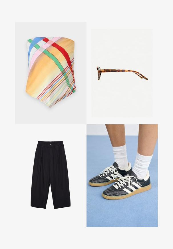 Sciarpa multicolore con motivi a scacchi in giallo, blu, rosa, rosso e verde. Realizzata in tessuto leggero e liscio con una texture morbida.; Pantaloni culotte neri in poliestere con una cintura elastica, due pieghe frontali e una silhouette ampia. Nessun motivo visibile o dettagli in metallo.; Sneaker in pelle nera con strisce bianche, punta rotonda, lacci bianchi e suola in gomma. Menzionate del collare imbottito e dettagli del marchio.; Occhiali da sole tartarugati con una montatura spessa, tempie leggermente curve e superficie liscia. Presentano un design classico con una finitura lucida.
