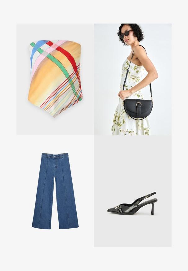 Écharpe multicolore avec des motifs à carreaux en jaune, bleu, rose, rouge et vert. Confectionnée en tissu léger et lisse avec une texture douce.; Jeans en denim à jambes larges de couleur bleu moyen, présentant une taille haute, une fermeture à bouton et des détails de couture verticaux contrastants à l'avant.; Chaussure slingback en cuir verni noir avec un embout pointu, des brides de cheville avec des boucles en argent et des éléments en métal, et un talon fin.; Sac à main en cuir noir avec une forme courbée, bandoulière amovible et des accessoires en or. Le sac est doté d'un rabat avec un détail de boucle.