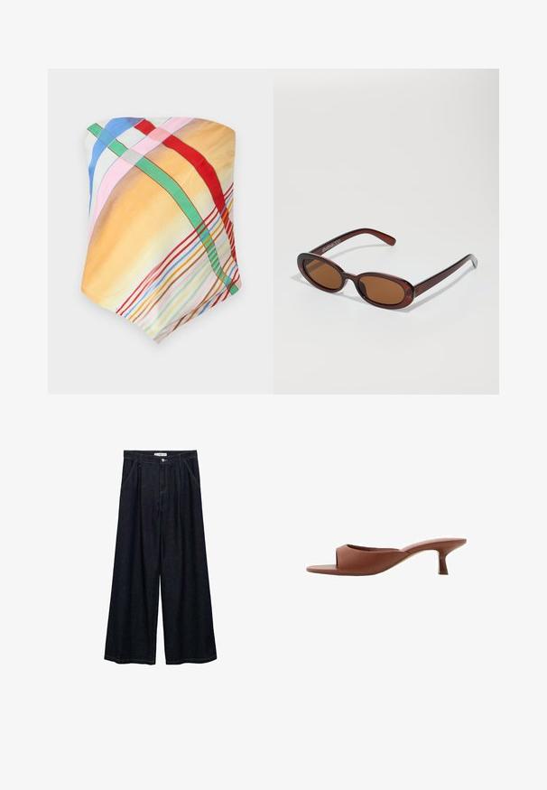 Multicolored scarf featuring checkered patterns in yellow, blue, pink, red, and green. Made of lightweight, smooth fabric with a soft texture.; Dark denim wide-leg trousers with a high waist, featuring a front button closure, two side pockets, and stitching details.; Brown open-toe heeled mules with a smooth, matte finish, featuring a curved design and a transparent, tapered heel.; Round, brown-tinted sunglasses with a glossy burgundy frame. Slim arms with subtle branding detail. Flat lens design.
