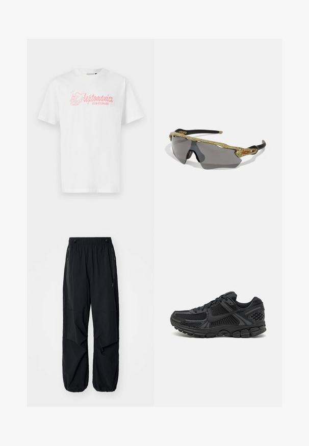 Hvid bomulds t-shirt med korte ærmer, prydet med en pink grafisk illustration og teksten "leptomanicx CLUB CULINAIRE" på forsiden.; Sorte letvægts cargo bukser med elastisk talje, sidelommer med lynlås og rummelige lommer. Har en løs pasform og tapered cuffs.; Sort atletisk sko med overdækning af mesh, gummisål og teksturerede detaljer. Designet inkluderer et markant snøresystem og polstret sål.; Sports solbriller med en grøn mønstret ramme, sorte stænger og grå linser. Designet har en wraparound-stil med en dristig, sporty form.
