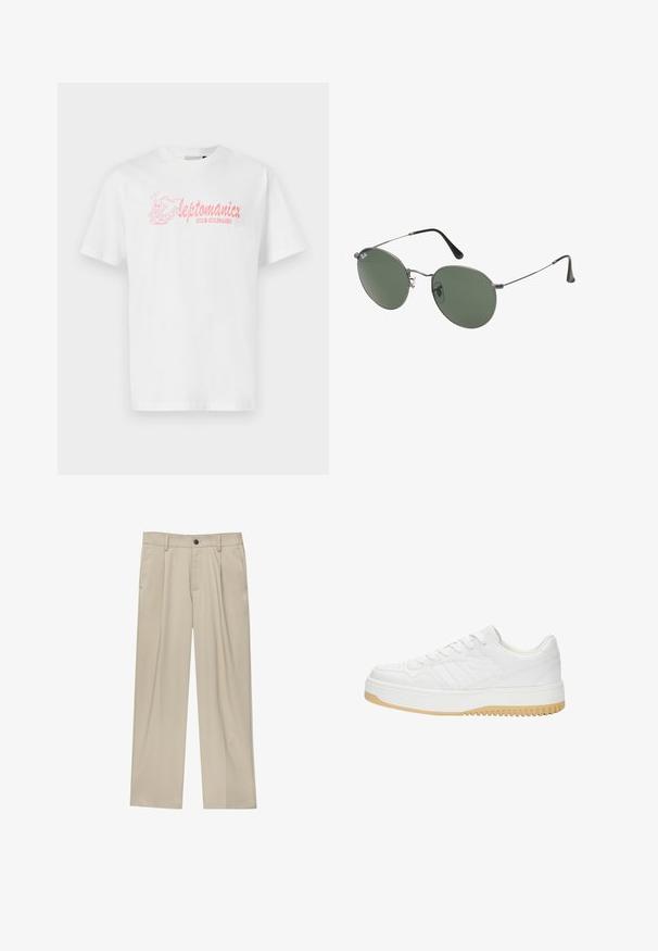 Witte katoenen t-shirt met korte mouwen, met een roze graphic illustratie en de tekst "leptomanicx CLUB CULINAIRE" op de voorkant.; Beige broek met een rechte snit, voorzien van een enkele zwarte knoop, riemlussen en zijzakken. Glad stoffen textuur en een minimalistisch ontwerp.; Witte leren sneaker met een gematteerde afwerking, met een rubberen zool, vetersluiting en subtiele streepaccenten aan de zijkanten.; Metalen zonnebril met ovale groene lenzen. Dunne zilveren metalen rand en zwarte oorstoppers. Minimalistisch ontwerp, zonder zichtbare logo's.