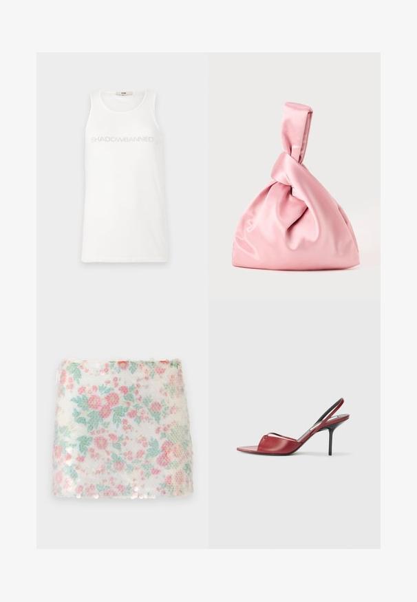Top bianco in tessuto morbido. Presenta la scritta "SHADOWBANNED" in grigio chiaro sul petto. Design semplice senza maniche.; Tessuto bianco con motivo floreale, caratterizzato da fiori rosa pastello e verdi, con una superficie texturizzata e sottili paillettes lungo il bordo inferiore.; Sandalo con tacco a stiletto in pelle rossa, con punta aperta a forma appuntita, sottile cinturino sulla parte superiore del piede e tacco stretto.; Borsa in satin rosa con una parte superiore annodata, caratterizzata da una superficie liscia e una forma morbida e arrotondata. Progettata per un aspetto raccolto e sicuro.; Orecchini a pendente con tre grandi gemme rosse quadrate e rettangolari, circondate da piccole strass trasparenti in montature dorate.