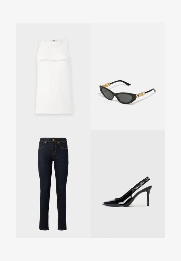 White tank top made of soft fabric. Features the text "SHADOWBANNED" in light gray across the chest. Simple, sleeveless design.; Dark blue denim jeans with a slim fit, featuring gold stitching, five pockets, and a button closure at the waist. Smooth texture.; Black patent leather slingback heel with pointed toe design, featuring a cut-out section and elastic strap embossed with brand name.; Black cat-eye sunglasses with dark lenses, featuring gold geometric accents on the temples and a sleek matte finish.