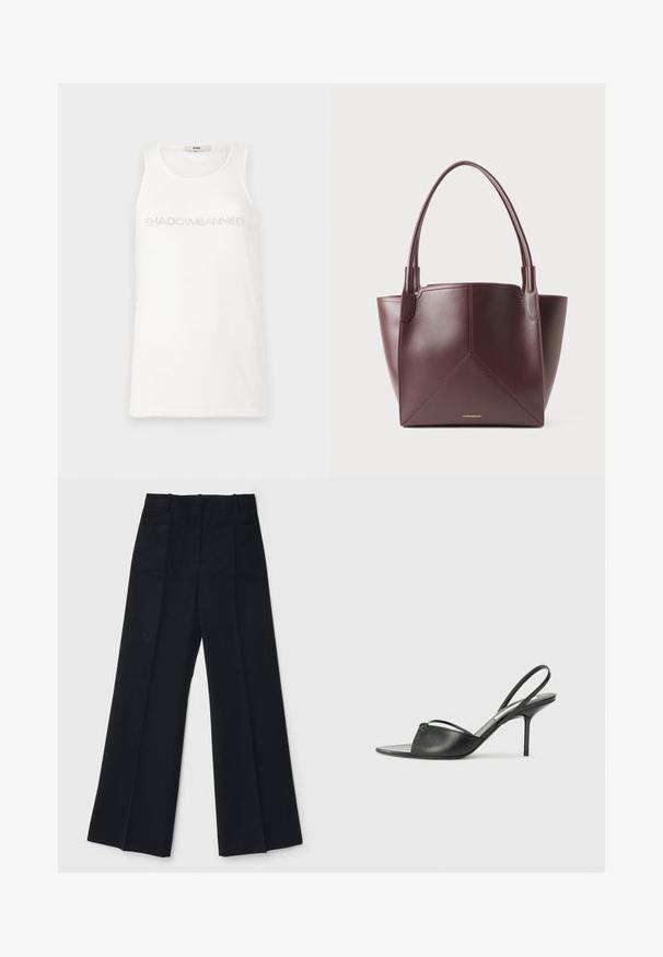 Biały podkoszulek wykonany z miękkiego materiału. Na klatce piersiowej znajduje się napis "SHADOWBANNED" w jasnoszarym kolorze. Prosty, bezrękawnikowy design.; Czarne szerokie spodnie wykonane z gładkiego materiału, z wysokim stanem, dwiema tylnymi kieszeniami i subtelnymi plisami z przodu dla dodatkowego kształtu.; Czarne skórzane sandały na wysokim obcasie z ostro zakończonym noskiem, cienkim paskiem wokół kostki i obcasem typu stiletto. Posiadają węzeł na przodzie.; Ciemnobrązowa skórzana torba typu tote z dwoma uchwytami i geometrycznym przeszyciem paneli, z małym złotym tekstem marki w pobliżu dolnego środka.