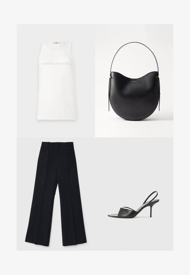 Bílý top na ramínka vyrobený z měkké látky. Na hrudi je nápis "SHADOWBANNED" v světle šedé barvě. Jednoduchý, bezrukávový design.; Černé široké kalhoty z hladké tkaniny, s vysokým pasem, dvěma zadními kapsami a jemnými předními sklady pro zvýraznění tvaru.; Černé kožené lodičky na odkryté patě s špičatou špičkou, tenkým řemínkem kolem kotníku a jehlovým podpatkem. Obsahují uzlový detail na nártu.; Černá kožená taška přes rameno s zakřiveným tvarem, tenkým popruhem a jemnými zlatými akcenty. Hladký povrch s minimalistickým designem.