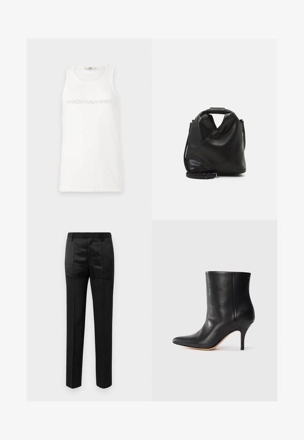 Weißes Tanktop aus weichem Stoff. Mit dem Text "SHADOWBANNED" in hellgrau über die Brust. Schlichtes, ärmelloses Design.; Schwarze maßgeschneiderte Hosen mit geraden Beinen und einem Bund mit Gürtelschlaufen, ausgestattet mit einer Mischung aus matten und glänzenden Stoffpaneelen.; Schwarze Leder-Ankle Boots mit spitzem Zeh, schlankem Stiletto-Absatz und glatter Textur. Minimalistisches Design ohne sichtbare Beschläge oder Akzente.; Schwarze, weiche Ledertasche mit einem einzigartigen verdrehten Design. Hat einen kurzen Griff und einen abnehmbaren Schultergurt. Minimalistischer Stil.