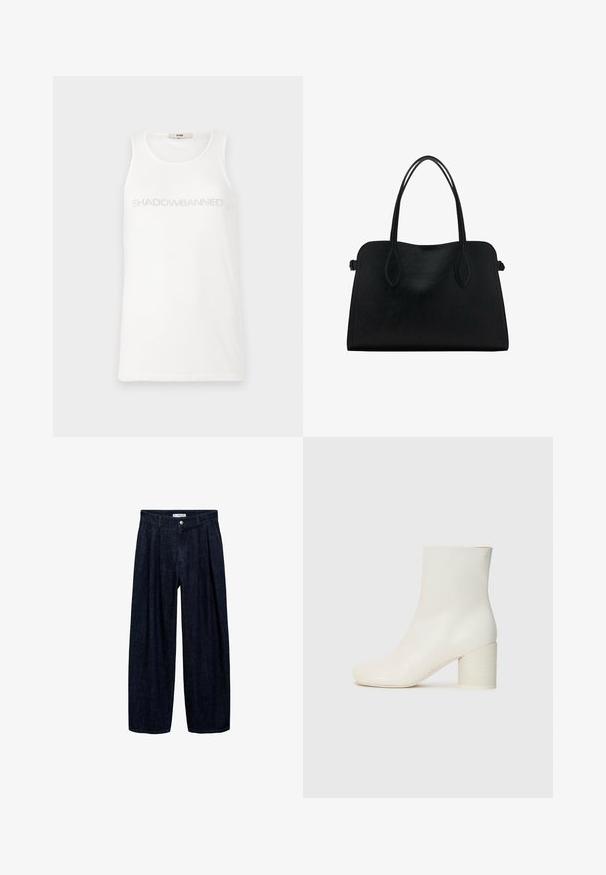 Valkoinen hihaton paita, joka on valmistettu pehmeästä kankaasta. Rintakehässä on vaaleanharmaa teksti "SHADOWBANNED". Yksinkertainen, hihaton muotoilu.; Tummansinisiä leveälahkeisia housuja, joissa on laskoksia vyötäröllä, etupainike ja vyön lenkit. Sujuva rakenne ja täyspitkä muotoilu.; Valkoinen nahkainen nilkkuri, jossa on pyöreä kärki ja jykevä sylinterimäinen korko. Tasainen pinta, минималистinen muotoilu, ei näkyviä metalliosia tai kuvioita.; Mustavihreä nahkalaukku, jossa on kaksinkertaiset olkahihnat, suorakaiteen muotoinen ja minimalistinen muotoilu valkoisella taustalla.