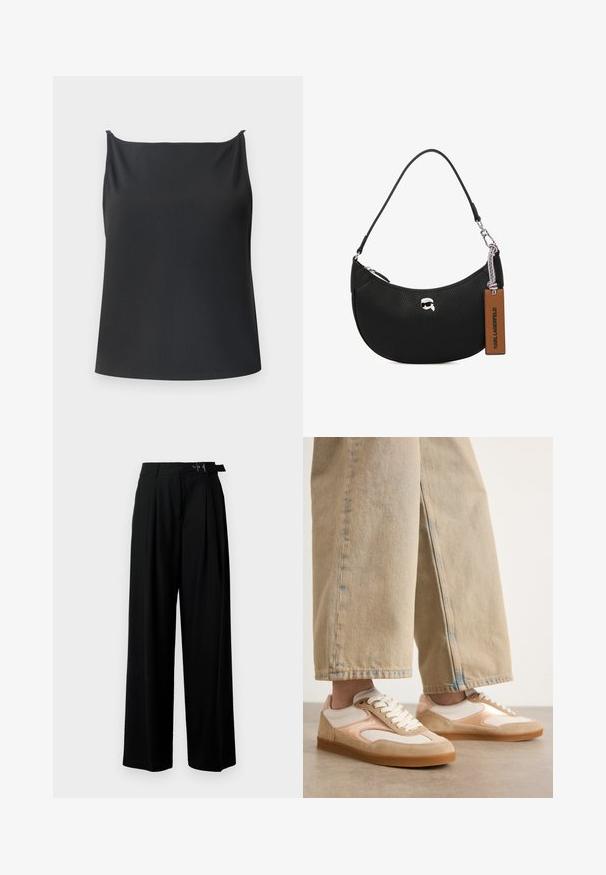 Schwarzes Tanktop mit gerippter Textur, geradem Ausschnitt, dünnen Trägern und lockerer Passform. Keine sichtbaren Metallteile oder Muster.; Schwarze weit geschnittene Hosen mit hoher Taille, Falten an der Vorderseite und einem Gürtel mit Schnalle. Hergestellt aus glattem, leichtem Stoff.; Tannene und cremefarbene Sneakers mit einem Design aus Wildleder und Mesh, ausgestattet mit einer Schnürung und Gummisohlen, kombiniert mit weiten Jeans in Tan.; Schwarze Lederhandtasche mit einer genarbten Textur, geschwungener Form, Reißverschluss oben, silberner Hardware und einem braunen Etikett. Verfügt über ein Logo-Detail.