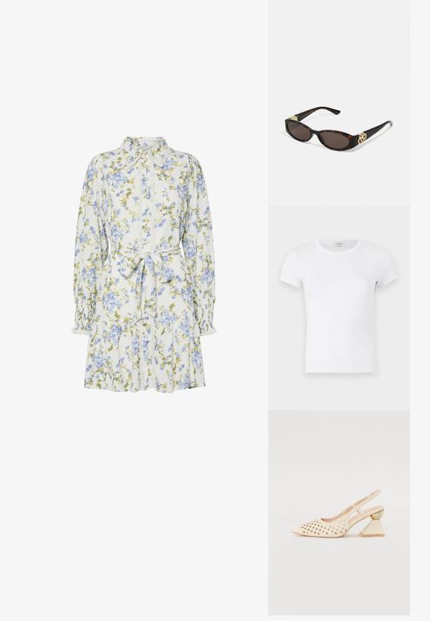 Witte katoenen t-shirt met korte mouwen, featuring een ronde ronde hals en een gladde, zachte textuur zonder patronen of accenten.; Bloemendress in het wit met blauwe en groene bloemen, voorzien van een kraag, knoopsluiting aan de voorkant, lange mouwen met elastische manchetten en een tailleband.; Beige slingback schoen met geperforeerde bovenkant, puntige neus en een contrasterende driehoekige hak met een gouden accent. Over het algemeen een gladde textuur.; Schildpadbril met langwerpige ovale lenzen, bruine tint, gouden logo-accenten op de pootjes en slanke zwarte armen.; Beige handtas met een patroon en een gebogen vorm, leren accenten en een goudkleurig logo aan de voorkant. Beschikt over een kort handvat voor gemakkelijk dragen.; Parel- en kristallen ketting met een ronde, gehaakte ontwerp in lichte tinten, met afwisselend parels en sprankelende accenten, gedragen om de hals.