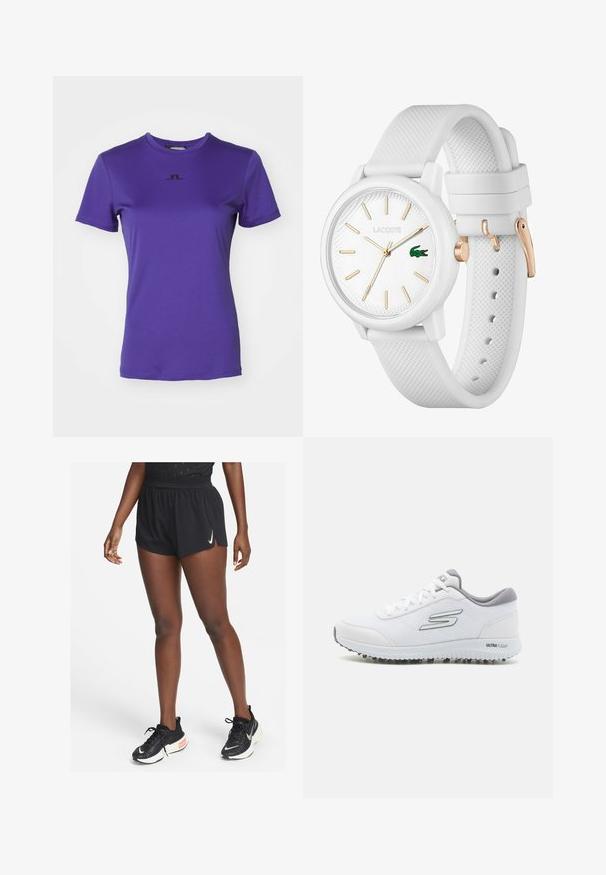 Purple short-sleeve t-shirt made of smooth fabric. Features a black logo centered on the chest. Round neck and standard fit.; Black athletic shorts with a cinched waistband and side slits, made from lightweight material, paired with black running shoes featuring a white swoosh.; White athletic shoes with a textured mesh upper, silver accents, and a lightweight sole featuring small traction studs, labeled "ULTRA FLIGHT."; White silicone watch with a textured strap, featuring a round face, gold markers, and a Lacoste logo in green.