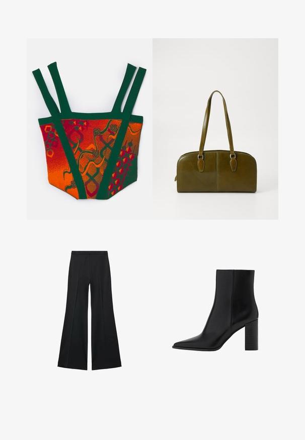 Šarena pletena majica s uzorcima u narančastoj, crvenoj i zelenoj boji. Dizajn uključuje široke naramenice i izražene geometrijske i apstraktne motive.; Crne široke hlače s glatkom teksturom, koje imaju prednje nabore i kroj po mjeri. Tkanina je lagana i lepršava.; Crne kožne čizme do gležnja s izduženim nožnim prstom, kvadratnim potplatom, glatkom teksturom i detaljima šavova duž šavova. Potpetice su visoke približno 8,9 centimetara.; Maslinasto zeleni kožni ručni šal s zaobljenim oblikom, dvostrukim ručkama i besprijekornim prednjim dijelom. Ima glatku teksturu i suptilne detalje u šivanju.