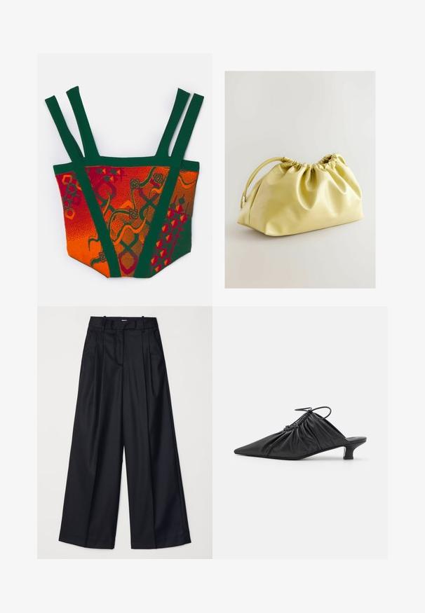 Šarena pletena majica s uzorcima u narančastoj, crvenoj i zelenoj boji. Dizajn uključuje široke naramenice i izražene geometrijske i apstraktne motive.; Crne široke hlače izrađene od glatkog materijala, s visokim strukom, nabranim detaljima i krojem po mjeri. Jednostavan crni hardver na struku.; Crne kožne cipele bez pete s oštrim vrhom, nabranim teksturom i malom kitten petom. Imaju detalj na vezanje na otvaranju.; Next Ručna torbica - yellow