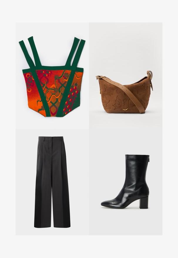 Kleurige gebreide top met oranje, rode en groene patronen. Het ontwerp heeft brede bandjes en duidelijke geometrische en abstracte motieven.; Zwarte wijde broek met hoge taille, met voorplooien, een gladde textuur en een nette afwerking. Ontworpen voor een ontspannen pasvorm.; Zwarte leren enkelboot met een spitse neus en een blokhak van 4 cm. Strak ontwerp met een zijrits voor gemakkelijke aan- en uittrekken. Soepele textuur.; Bruine suède schoudertas met een geperst bloemmotief, aangevuld met een gladde bruin leren schouderband en accenten in goudkleurig metaal.