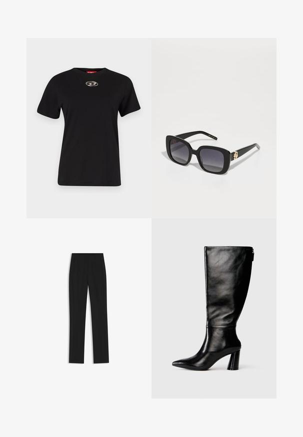 Mustapaita, jossa on lyhyet hihat ja pyöreä kaula-aukko. Rinnan keskellä on hopeinen logo. Sileä rakenne.; Mustat räätälöidyt housut suoran lahkeen designilla, joissa on etutaskut ja sileä, teksturoitu kangas. Siistit, minimalistiset yksityiskohdat.; Mustat nahkasaappaat, joissa on terävä kärki, sileä pinta ja paksu korko. Takana on vetoketjuyksityiskohta.; BOSS Aurinkolasit - black