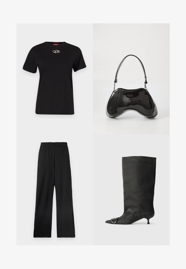 Juodas medvilninis marškinėliai trumpomis rankovėmis ir apvaliu kaklu. Yra sidabrinis logotipo detalė, uždėta ant krūtinės. Lygi tekstūra.; Juodos plačios kojinės kelnės su elastinga juosmens juosta, pagamintos iš lygios medžiagos. Be kišenių ar ryškių raštų.; Juodas odinis kulkšninis batas su smailiu pirštu, maža pakulne ir metaline akcentu ant piršto. Lygus, matinio paviršiaus tekstūra visame batus.; Juodas lakuotas odos rankinės maišelis su unikalia kreiva forma, trumpu reguliuojamu rankenėle ir užtrauktuku viršuje. Lygus tekstūra su subtiliu ženklinimu.