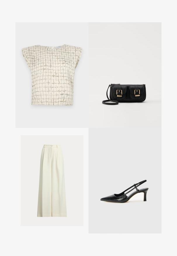 Iro XUNG - Blouse - ecru/silver; Cream wide-leg trousers made from smooth fabric, featuring a high waist, two front pleats, and a single button closure.; Black patent slingback heel with a pointed toe, featuring textured snake print, adjustable strap, and a short, textured block heel.; Black leather crossbody bag with two front pockets, gold buckles, zipper closure, and a slim strap. Textured surface and compact rectangular shape.