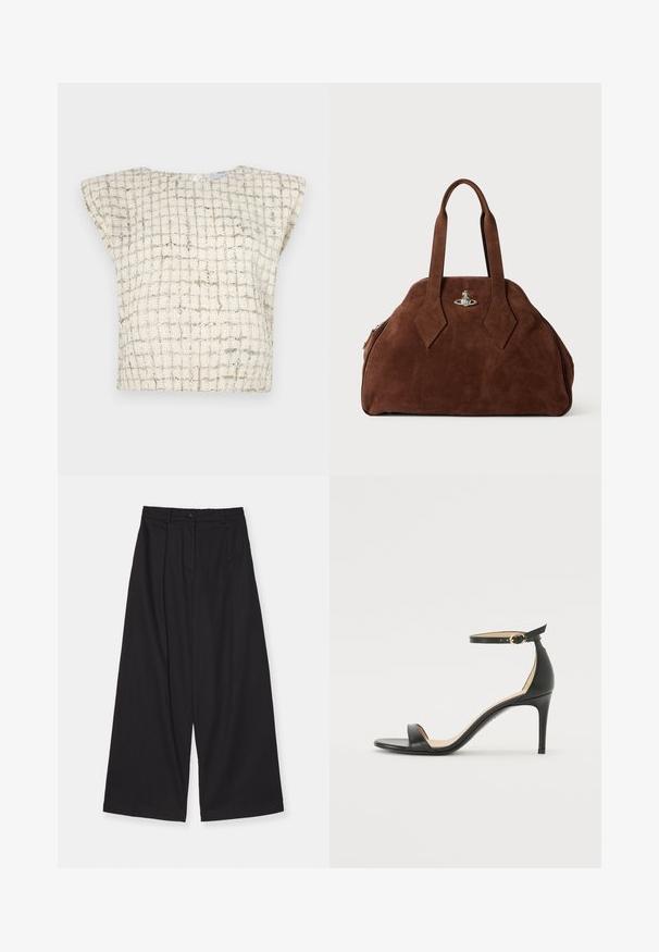 Iro XUNG - Blusa - ecru/silver; Pantalones de pierna ancha negros, hechos de una tela suave, con cintura alta, pliegues frontales, cierre de botón y una silueta recta.; Sándalo de tacón alto de piel negra con tiras en el tobillo. Presenta una textura suave, puntera abierta y un tacón delgado. Detalles de hebilla en tono dorado.; Bolso de ante marrón con una forma estructurada, cuerpo redondeado y asas alargadas en forma de diamante. Presenta un cierre de hardware plateado.