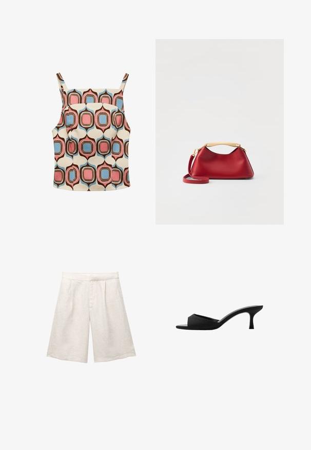 Mango Top - multi-coloured; Pantaloni corti in lino beige con gamba larga, caratterizzati da pince frontali e una cintura liscia. Il tessuto ha una finitura leggermente testurizzata.; Mule nere con tacco alto, dotate di una punta larga e aperta e di una parte superiore curva. Realizzate in tessuto texture, presentano un tacco sottile e una suola liscia.; Elleme MINI BOOMERANG - Borsa a tracolla - Red