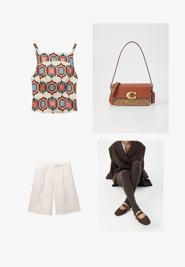 Mango Top - multi-coloured; Pantaloni scurți bej din in, cu un croi larg, având pliseuri frontale și o talie netedă. Materialul are un finisaj ușor texturat.; Sosete călduroase, cu dungi, până la genunchi, de culoare maro, asortate cu pantofi tip Mary Jane din nubuc maro, cu o bretea decorativă și cataramă, purtate cu o haină închisă la culoare.; Geantă de umăr din piele maro, cu o secțiune inferioară cu un model bej, un închizător auriu și o curea de umăr detașabilă.