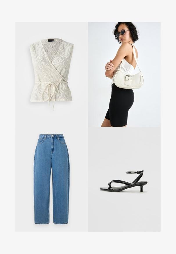White wrap top made of textured fabric with a wave pattern. Features a tie at the waist and a deep V-neck design.; Light blue denim trousers with a straight-leg fit, high waist, and front button closure. Features five pockets and minimal stitching details.; Black patent leather sandal with a low heel, featuring crisscross straps and an adjustable ankle strap. Smooth, shiny surface.; White leather handbag with a curved shape, adjustable strap, and a small buckle detail. Model wears a fitted black outfit.