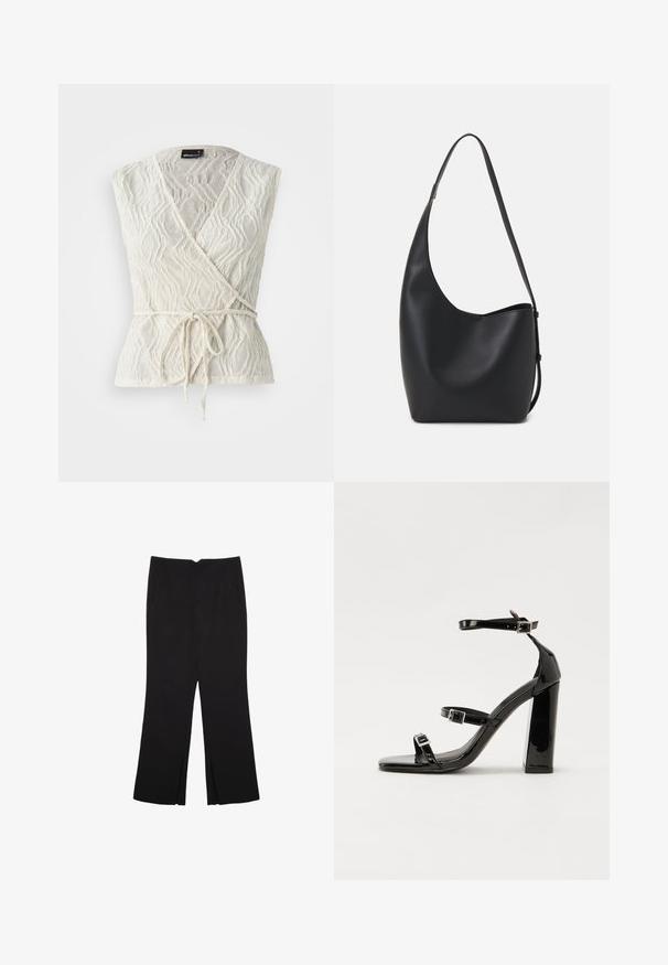 Biele zavinovacie tričko vyrobené z textúrovanej tkaniny s vlnkovým vzorom. Obsahuje výstrih do V a viazanie v páse.; Čierne nohavice so strihom rovného strihu, s prednými vreckami a bočnými rozparkami na leme. Vyrobené z mäkkej, hladkej tkaniny. Vhodné na rôzne príležitosti.; Čierne lakované sandále na vysokom opätku s dvoma prackami, štvorcovou špičkou a hrubým blokovým opätkom, s hladkou, lesklou textúrou.; Čierna kožená hobo taška so hladkou textúrou, zakriveným tvarom a jedným nastaviteľným popruhom; má široké otvorenie na vrchu.