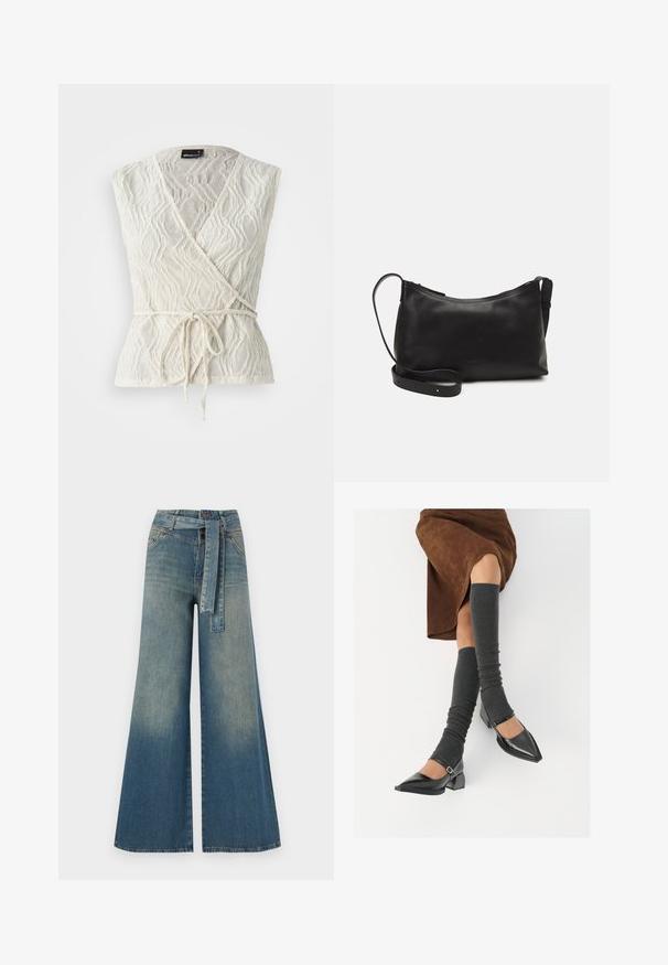 Hvit innpaknings topp laget av teksturert stoff med bølgedesign. Har et bånd i midjen og en dyp V-hals-design.; Bredde ben jeans med en lyseblå til mørkeblå gradient, høyt liv, beltehemper og et matchende belte i samme stoff. Teksturert denimoverflate.; Sorte lakkpumps med spiss tå, blokkhel, og ankelstropp, kombinert med grå ribbestrikkede beinvarmere og et brunt semsket skinn skjørt.; Svart skinn skulderveske med glatt tekstur, buet form, justerbar stropp og glidelås. Minimalistisk design uten dekorasjoner.