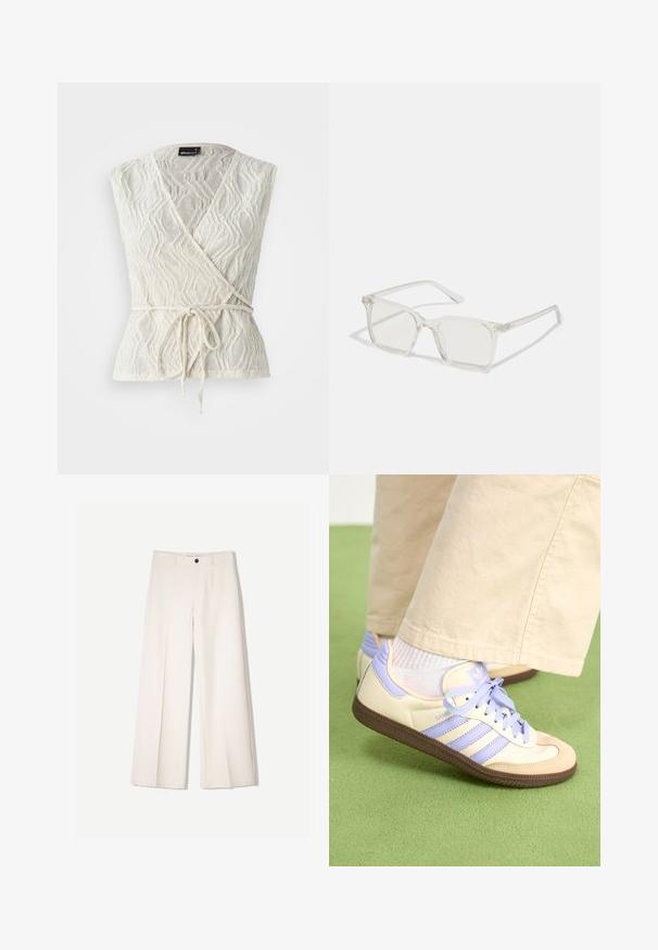 White wrap top made of textured fabric with a wave pattern. Features a tie at the waist and a deep V-neck design.; Cream wide-leg trousers with a tailored design, featuring two front pockets and a single front button closure, made from smooth fabric.; Cream and lavender sneakers with three stripes and a textured brown sole, featuring laces and a padded heel. Soft fabric upper.; Clear plastic square-frame glasses with translucent lenses, featuring gold accents on the temples for added detail.