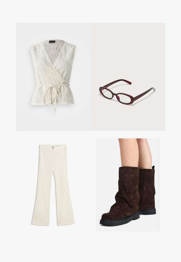 Biele zavinovacie tričko vyrobené z textúrovanej tkaniny s vlnkovým vzorom. Obsahuje výstrih do V a viazanie v páse.; Rozšírené nohavice z jemného béžového textilu s subtilnou štruktúrou. Obsahujú zips a dve predné vrecká.; Hnedé semišové čižmy do polovice lýtok s čiernymi gumovými podrážkami nosené na holých nohách, s miernymi vráskami na šaftoch čižiem.; Okuliare v oválnom tvare s červenými sklami a elegantným hnedým rámom. Dizajn sa vyznačuje jemnými krivkami a minimálnym hardvérom.; Béžová kožená taška s hladkým povrchom, dvojitými okrúhlymi úchytmi a nastaviteľnými šnúrkami po stranách. Obsahuje strieborné kovanie.