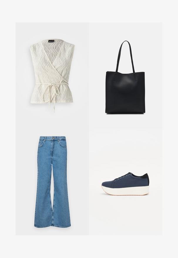 Valge ümbritseva pluus, mis on valmistatud tekstureeritud kangast lainelise mustriga. Omab sidumist vöökohal ja sügavat V-kaelust.; Heledad sinine flared teksade rõivad, millel on kõrge talje, viis taskut ja üks nupulukk. Pehme tekstuur ja pleekinud viimistlus.; Tumedat sinised tennised tekstureeritud riidest pealispinnaga, valge platvormi tallaga, ümarate varvaste ja musta kontsapaneeliga. Omab kuut silma paelte jaoks.; Mustast nahast kott sujuva tekstuuriga, ristkülikukujuline ja kahe pika sangaga. Pole nähtavat riistvara ega kaunistusi.