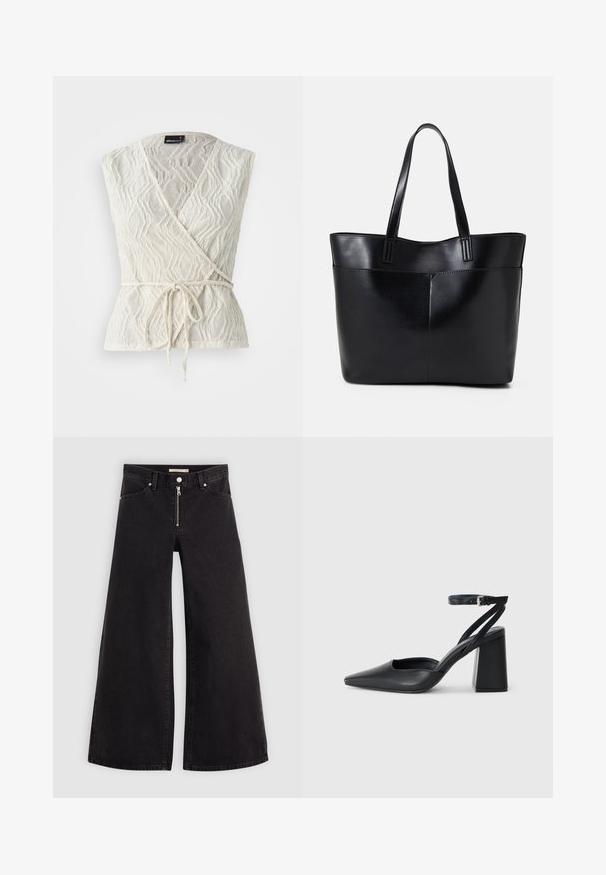 Vit omlottopp i texturerad tyg med ett vågmönster. Har ett knytband i midjan och en djup V-ringning.; Breda jeans i svart denim med dragkedja fram, femfickorsdesign och subtila sömdetaljer. Slät textur och avslappnad stil.; Svart läderpumps med spetsig tå, ankelrem och kraftig klack. Slät textur, stilren design och minimalistisk estetik.; Svart läder tote-väska med två långa handtag, en slät yta och en strukturerad form. Har en framficka för extra förvaring.