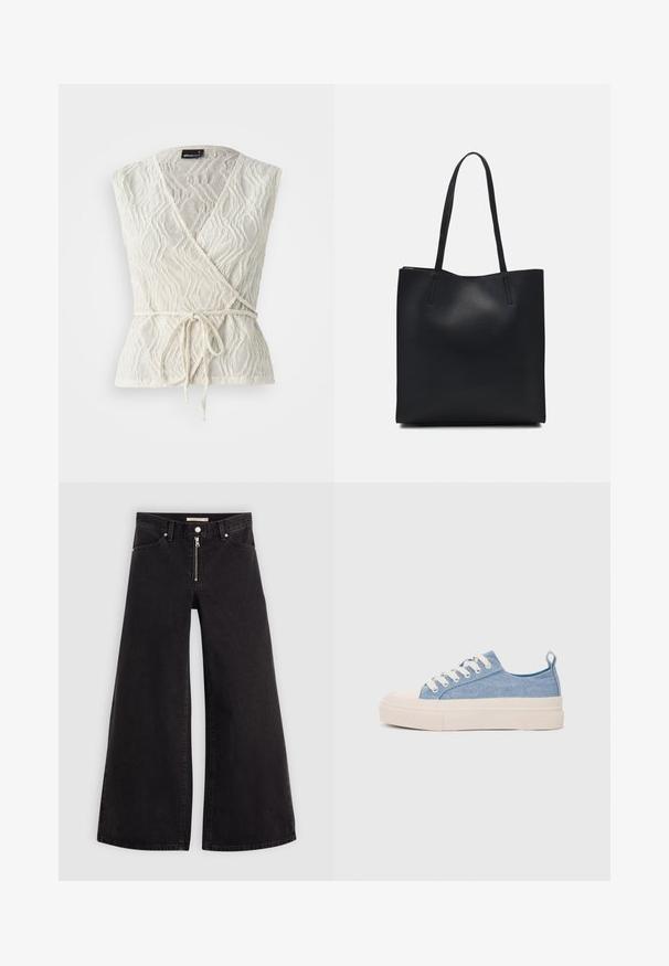 Blusa branca com manga em tecido texturizado com um padrão de ondas. Apresenta um laço na cintura e um decote em V profundo.; Calças de ganga de perna larga em denim preto com fecho éclair à frente, design de cinco bolsos e detalhes de costura subtil. Textura suave e estilo casual.; Ténis de lona azul claro com uma biqueira e sola de borracha creme, apresentando atacadores brancos e uma alça na parte de trás.; Bolsa tote preta em couro com textura lisa, forma retangular e duas alças longas. Sem hardware ou enfeites visíveis.