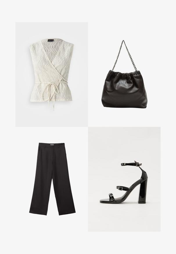 Biała bluzka zawiązywana, wykonana z textured materiału w falisty wzór. Posiada pasek w talii oraz głęboki dekolt w kształcie litery V.; Czarne spodnie z szerokimi nogawkami, wykonane z gładkiego materiału, z przednim zamkiem błyskawicznym i dwoma bocznymi kieszeniami, o dopasowanym kroju i minimalistycznym wzornictwie.; Czarne lakierowane sandały na obcasie z kwadratowym noskiem, z paskami wokół kostki i srebrnymi klamrami. Posiadają masywny słupek dla stabilności.; Brązowa skórzana torba z marszczonym szczytem i łańcuszkowym paskiem. Gładka tekstura z błyszczącym wykończeniem i subtelnymi detalami szwów po bokach.