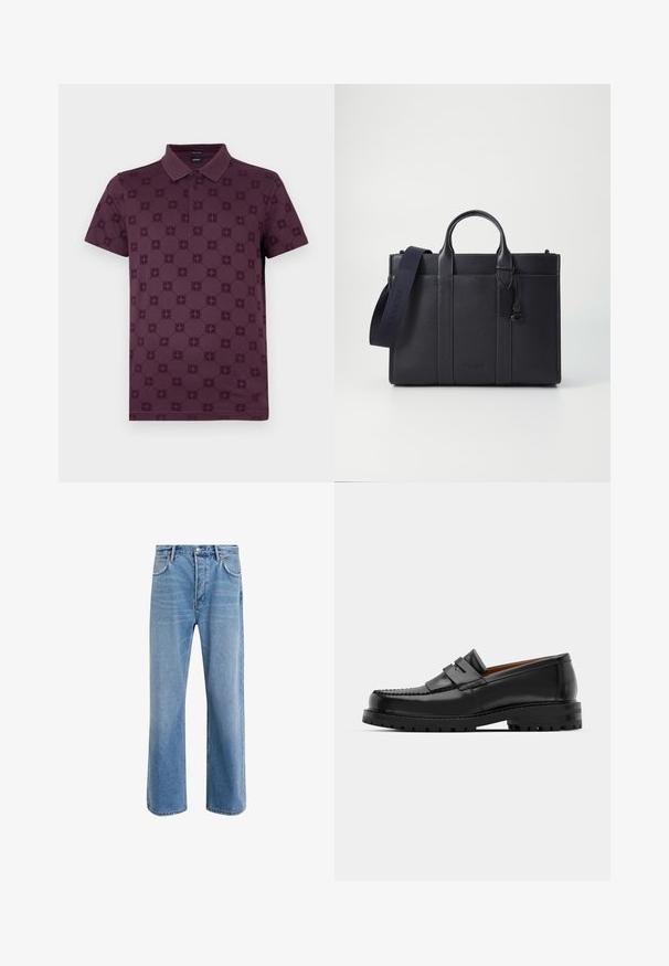 Bordeaux-paitapusero, jossa on teksturoitu kuvio pyöreistä motiiveista, klassinen kaulus ja kaksiknappinen napitus; lyhyet hihat.; Vaaleansiniset farkut suoranlahkeisella muotoilulla, viisi taskua, nappisuljenta, vähäinen kuluminen ja kontrastiväriset ompeluyksityiskohdat.; Mustat nahka loafit sisältävät kohoavan sauman, kaksi koristeellista nauhaa yläosassa ja paksun teksturoidun pohjan parempaa pitoa varten.; Tummansininen nahkainen salkku, jossa on kaksinkertaiset yläkahvat ja irrotettava hihna. Varustettu tekstuuripinnalla, pystysuoralla ompeleella ja logotiedoilla.