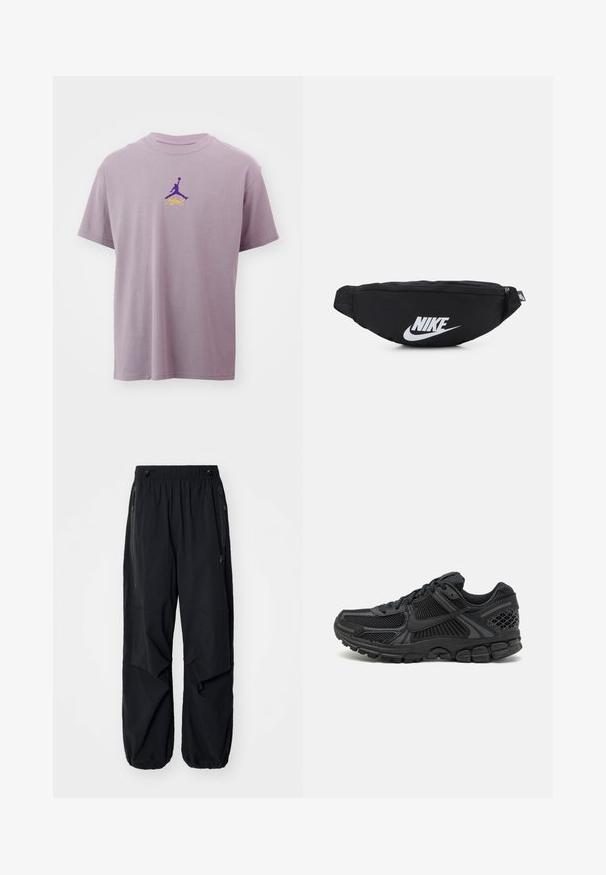 Nike Performance NBA LOS ANGELES LAKERS JORDAN STATEMENT TEE - Μπλουζάκι με στάμπα - purple smoke; Μαύρο ελαφρύ cargo παντελόνι με ελαστική μέση, πλαϊνούς φερμουάρ και ευρύχωρες τσέπες. Διαθέτει χαλαρή εφαρμογή και στενές μανσέτες.; Μαύρο αθλητικό παπούτσι με διαπνέον επάνω μέρος από δίχτυ, καουτσούκ σόλα και υφασμάτινες λεπτομέρειες. Ο σχεδιασμός περιλαμβάνει έντονο σύστημα κορδονιών και μαλακή σόλα.; Μαύρη νάιλον τσάντα μέσης με κλείσιμο φερμουάρ, διαθέτει μεγάλο λευκό λογότυπο Nike. Λείος υφή και εργονομικός σχεδιασμός για άνετη χρήση.