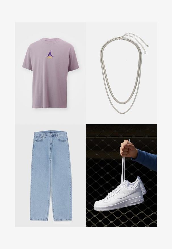 Nike Performance NBA LOS ANGELES LAKERS JORDAN STATEMENT TEE - Trükipildiga T-särk - purple smoke; Heled sinise denimi sirgete põlvede lõikega teksad, millel on keskmise kõrgusega vöökoht, viis taskut ning nööbid ja tõmblukk.; Valged nahast tennisetossud, millel on perforatsioonid, ümar nina, lame tallus ja paksud nöörid, nähtava swooshi logoga ja "AIR" kontsadel.; Kolmekihiline hõbedane metallkaelakee, mis on valmistatud peentest, paindlikest kettidest kerge läikega, kinnitatud krabi sulguri ja reguleeritava ketiga.