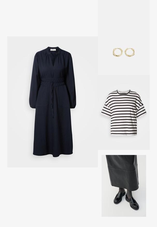 Prugasta črna in bela majica s kratkimi rokavi, okroglim izrezom, z majhno žepom na levi strani, izdelana iz mehkega bombažnega blaga.; Mornarsko modra obleka z navpičnimi črtami, dolgimi rokavi, nabranim ovratnikom in pasom. Ima dve sprednji žep.; Črne usnjene loafer čevlje s gladko površino, ki imajo dekorativno srajco, okroglo konico in teksturiran podplat. Nosi se z dolgim črnim usnjennim krilom.; Črna usnjena torba hobo z enim mehkobnim, okroglim ročajem; ima gladko teksturo in minimalističen dizajn. Brez vidnih kovinskih delov ali poudarkov.; Zlate obročaste uhane z teksturirano, nepravilno obliko. Imajo brezšivno zapiranje in poliširano površinsko obdelavo, kar poudarja sodoben dizajn.