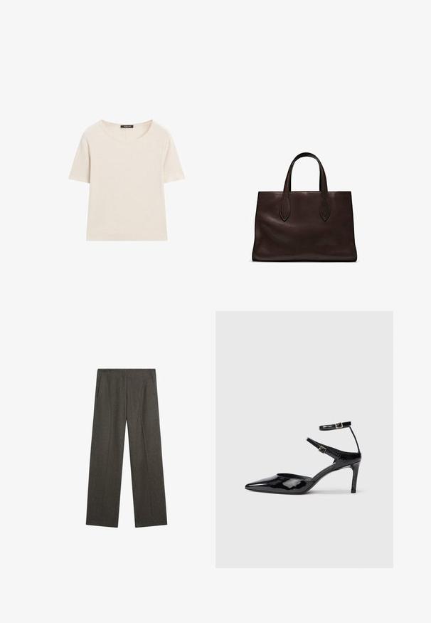 Korte mouwen, ronde hals t-shirt in lichtbeige, gemaakt van een zachte, ademende stof. Heeft een minimalistisch ontwerp en subtiele stiksels.; Donkergrijze, wijde broek gemaakt van een gestructureerde stof, met twee zijzakken en een nette frontplooi. Eenvoudig, passend ontwerp.; Zwarte laarzen van gepatenteerd leer met een spitse neus, verstelbare enkelbandjes en een slanke hak. Gladde textuur met een glanzende afwerking.; Bruine leren tote bag met twee verlengde handvatten, gestructureerde rechthoekige vorm, gladde textuur en subtiele stiksels.