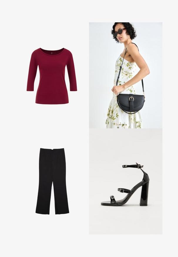 Bordowy top z długim rękawem o szerokim dekolcie, wykonany z miękkiego materiału o gładkiej teksturze. Posiada rękawy o długości trzech czwarte.; Czarne spodnie o prostym kroju, z przednimi kieszeniami i bocznymi rozcięciami na dole. Wykonane z miękkiego, gładkiego materiału. Odpowiednie na różne okazje.; Czarne lakierowane sandały na obcasie z kwadratowym noskiem, z paskami wokół kostki i srebrnymi klamrami. Posiadają masywny słupek dla stabilności.; Czarna skórzana torebka o zakrzywionym kształcie, z odpinanym paskiem i złotymi akcentami. Torebka posiada klapę z zapięciem w kształcie klamry.