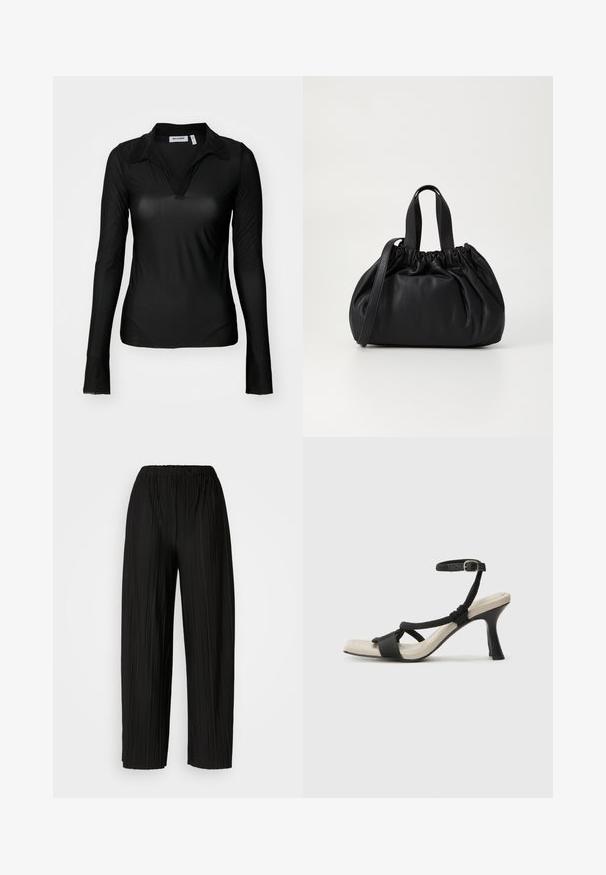 Weekday TRANSPARENT LONG SLEEVE - T-shirt à manches longues - black; Pantalons larges plissés noirs avec une taille élastique. Le tissu présente des plis verticaux et une texture lisse.; Sandale à talon noir avec un design de brides tressées, bout carré et bride de cheville réglable. Semelle intérieure beige claire avec un talon noir brillant.; Sac à main en cuir noir avec un design à haut froncé, doté de deux poignées courtes et d'une bandoulière longue et réglable. Texture lisse, forme arrondie.