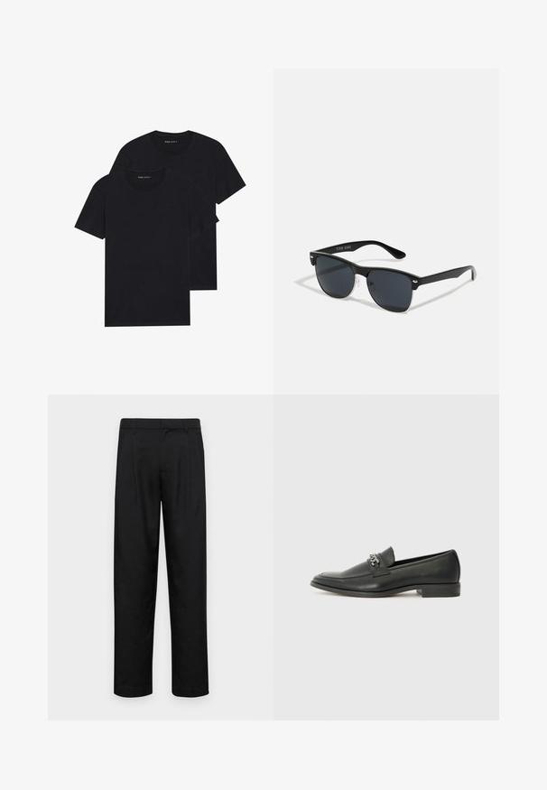 Due magliette nere a manica corta, con scollo rotondo, impilate. Realizzate in cotone morbido, presentano un design semplice senza motivi visibili o decorazioni.; Pantaloni neri realizzati in tessuto liscio, caratterizzati da un taglio dritto, due pieghe frontali e una vita standard con passanti per la cintura.; Mocassino in pelle nera con finitura liscia, caratterizzato da un design cucito e da un accento decorativo in catena metallica sul vamp. Tacco piatto.; Occhiali da sole neri con forma rettangolare, lenti scure, dettagli in argento alle tempie e finitura opaca sulla montatura.