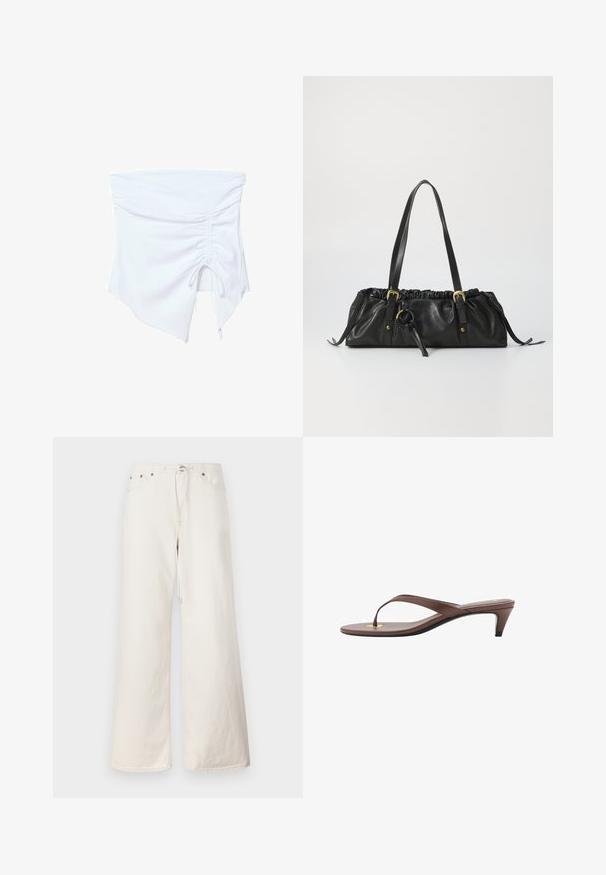 Valkoinen olkaimeton toppi, jossa on ryppyjä toisella puolella, epäsymmetrinen helma ja sileä, joustava kangas.; Valkoiset leveälahkeiset farkkuhousut, joissa on naru vyötäröllä, etutaskut ja huomaamattomat ompeluyksityiskohdat. Valmistettu kestävästä puuvillamateriaalista.; Kahvoit varrelliset flip-flop sandaalit, joissa on hoikka hihna ja pyöristetty varvasosa, sekä pieni kultainen yksityiskohta pohjalla.; Mustassa nahkabagissa on kerrostettu yläosa, kaksi olkahihnaa, kullanvärinen metalliosuus ja keskellä pyöreä yksityiskohta. Pehmeä pinta ja kompakti muoto.