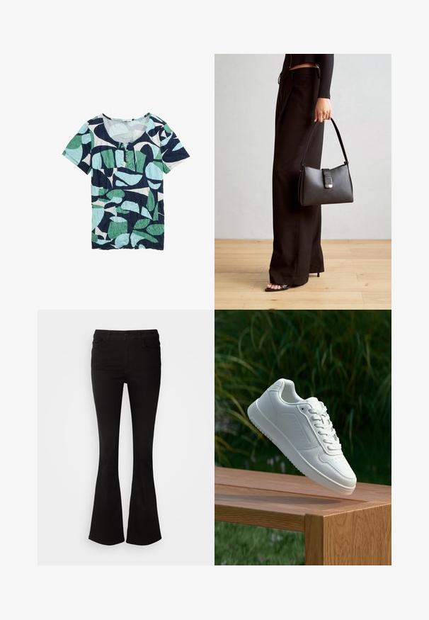 Haut à manches courtes avec encolure dégagée, fabriqué à partir d'un tissu froncé, avec un motif de feuilles bleu, vert et blanc. Détail à trois boutons au niveau du cou.; Pantalons évasés noirs en tissu stretch, dotés d'une taille avec passants de ceinture et de poches avant, texture douce et coupe ajustée jusqu'au genou.; Sneakers blanches avec une tige synthétique lisse, un avant perforé, des lacets plats et une semelle texturée, présentées sur une surface en bois.; Sac à main noir à la forme structurée, texture lisse et fermoir métallique. Associé à un pantalon noir ample et des sandales ouvertes sur un sol en bois.