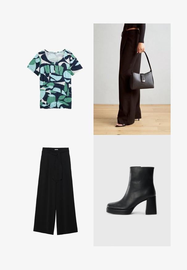 Short-sleeve top featuring a scoop neck, made from crinkled fabric, with a blue, green, and white leaf pattern. Three button detail at neck.; Black wide-leg pants featuring a textured fabric, an elastic waistband, and a detachable sash tie at the waist for adjustable fit.; Black leather ankle boot with a block heel and platform sole, viewed from the side on a plain white background.; Black handbag with structured shape, smooth texture, and a metallic clasp. Paired with wide black pants and open-toe sandals on wooden floor.