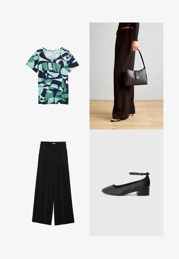 Korte mouwen top met een ronde hals, gemaakt van gekreukt stof, met een blauw, groen en wit bladpatroon. Drie knopen detail bij de hals.; Zwarte wijde broek van textuurstof, met een elastische tailleband en een afneembare sjaalstrik in de taille voor een verstelbare pasvorm.; Zwarte leren pump met een spitse neus en een lage blokhak. Beschikt over een enkelband met een goudkleurige gespsluiting. Gladde textuur.; Zwarte handtas met gestructureerde vorm, gladde textuur en een metalen sluiting. Gecombineerd met brede zwarte broeken en sandalen met open teen op een houten vloer.