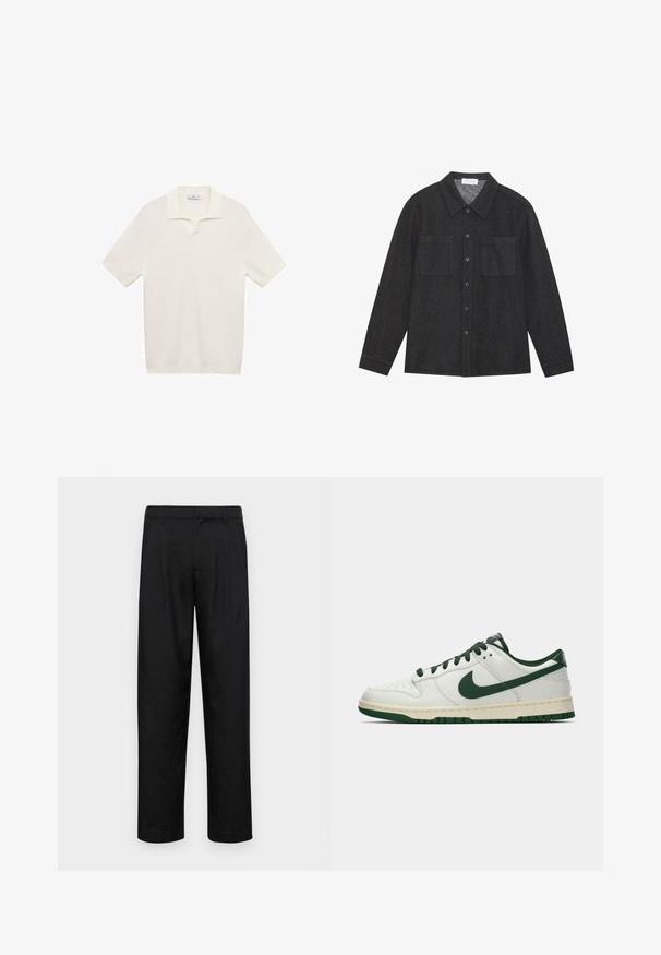 Short-sleeve polo shirt in white with a textured knit pattern, featuring a small collar and a half-button placket. Simple and minimalist design.; Dark gray shirt made of textured fabric, featuring a pointed collar, button front, and two chest pockets. Long sleeves with buttoned cuffs.; Black trousers made of smooth fabric, featuring a straight-leg design, two front pleats, and standard waistband with belt loops.; White low-top sneaker with dark green Nike swoosh, laces, and sole accents, shown in profile on a plain white background.